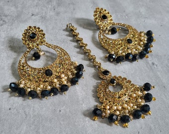 Black earrings tikka set, Black and gold earrings, wedding jewellery, High quality Indian jewellery - Suitable for wedding and parties