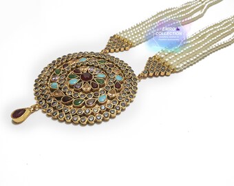 Pakistani kundan mala necklace set with matching Earrings - Kundan Jewellery, pearl long mala