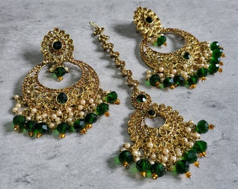 Green earrings tikka set, Dark green earrings, wedding jewellery, High quality Indian jewellery! suitable for wedding and parties