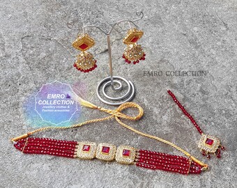 Pakistani Jewellery, Full choker set with matching Earrings  and a Tikka – Maroon Choker - pearls choker - hand made designer jewellery