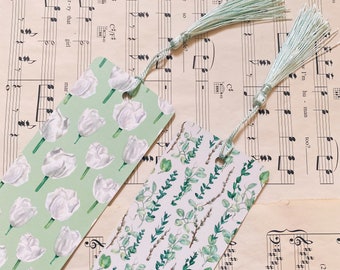 Green Botanical Floral Bookmark | Tassel Bookmark | Double Sided