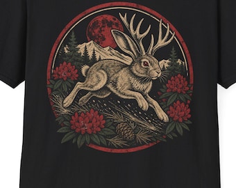Jackalope Moon T-Shirt | Vintage Woodland Hare, Antlered Rabbit Nature Design