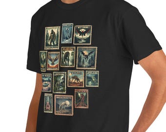 Cryptid State Stamps T-Shirt: Bigfoot, Mothman, Jersey Devil Tee