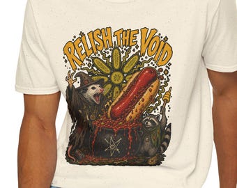 Relish the Void Hotdog Wizard Possum Raccoon Illustration T-Shirt | Horror Hot Dog Witch