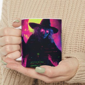 Vibrant Sci-Fi Ceramic Mug: Colorful Ghost Design