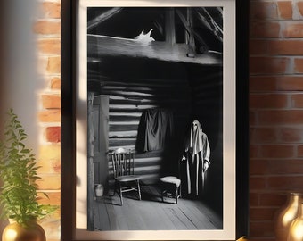 Digital Poster Vintage Photo of a Ghost in Appalachian Cabin Horror Halloween Scary Wall Art