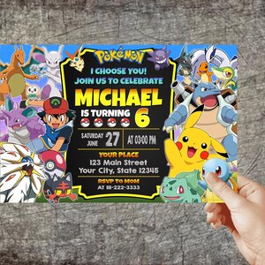 May include: A Pokemon-themed birthday invitation for a child turning six. The invitation features a black background with gold text and images of various Pokemon characters, including Pikachu, Bulbasaur, and Charmander. The text on the invitation reads "I choose you! Join us to celebrate Michael is turning 6. Saturday June 27 at 03:00 PM. Your Place 123 Main Street Your City, State 12345 RSVP to Mom at III-222-3333."