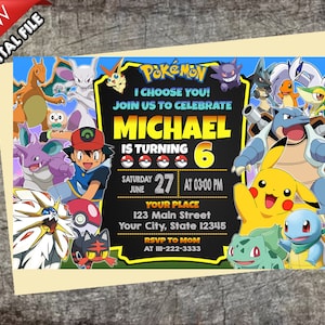 Convite Pokémon, Convite Personalizado 5x7" ou 4x6"
