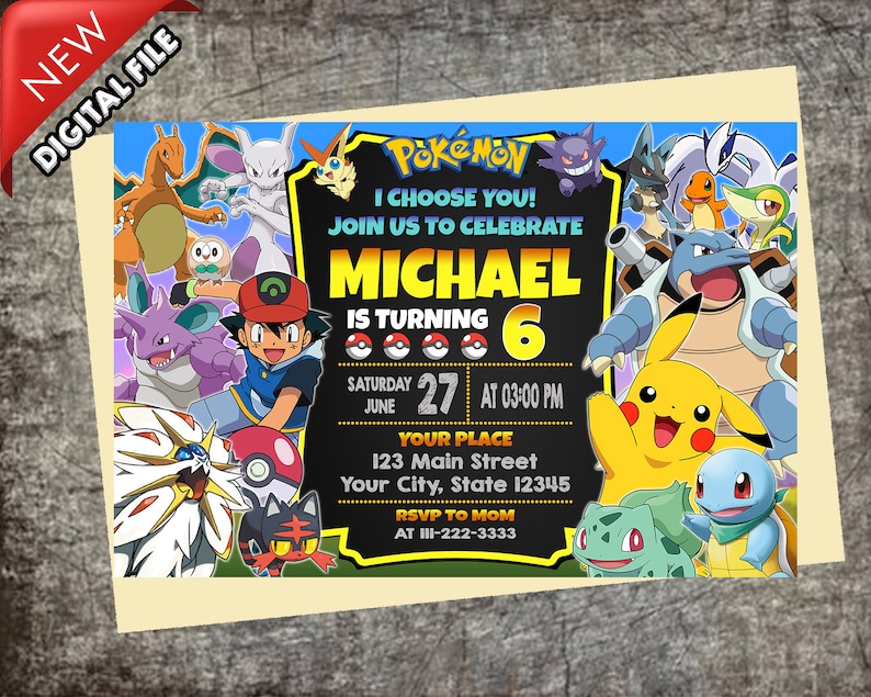 May include: A Pokemon-themed birthday invitation for a 6-year-old boy named Michael. The invitation features a black chalkboard background with colorful Pokemon characters, including Pikachu, Charizard, and Bulbasaur. The invitation includes the date, time, and location of the party, as well as an RSVP number.