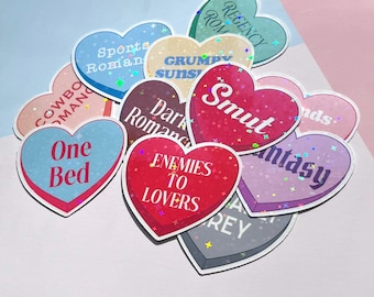 Candy Heart Book Tropes Sparkly Sticker, One Bed Small Town, Morally Grey, Dark Romance, Book Lovers, Gift for Bookworms, Ereader Decal