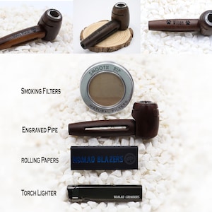 Engraved Natural Wood & Glass Pipe kit - Free custom text engraving Personalized Gift Set - Smooth Rip Smoke in Style Rosewood Tobacco Pipe