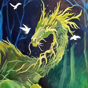 May include: A green dragon illustration with a forest theme. The dragon has a long neck and is surrounded by white birds. The background is dark blue with trees. The dragon's body is green with yellow accents.
