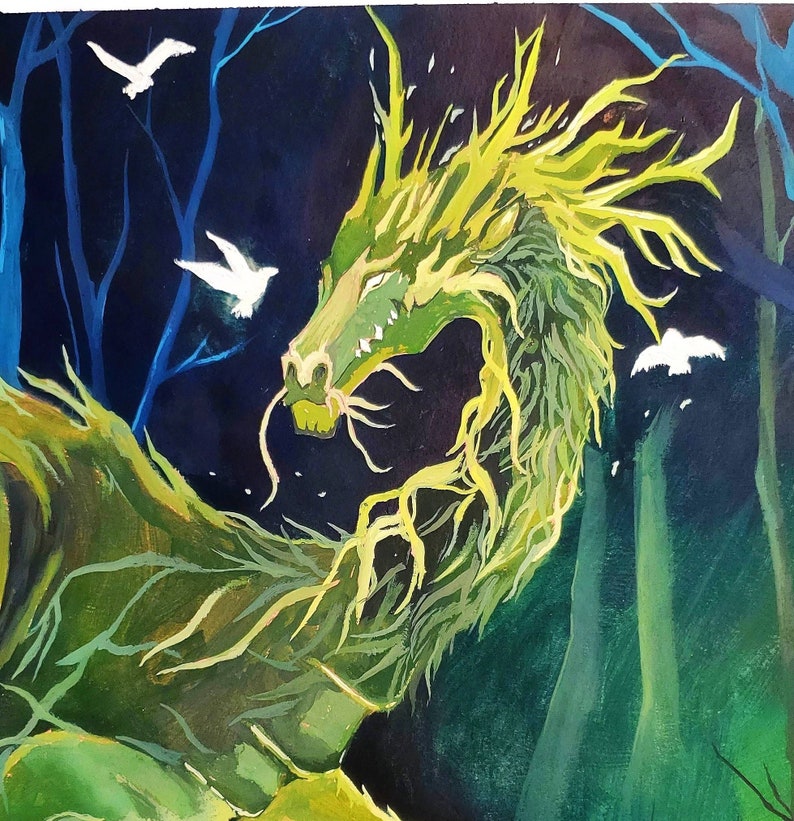 May include: A green dragon illustration with a forest theme. The dragon has a long neck and is surrounded by white birds. The background is dark blue with trees. The dragon's body is green with yellow accents.