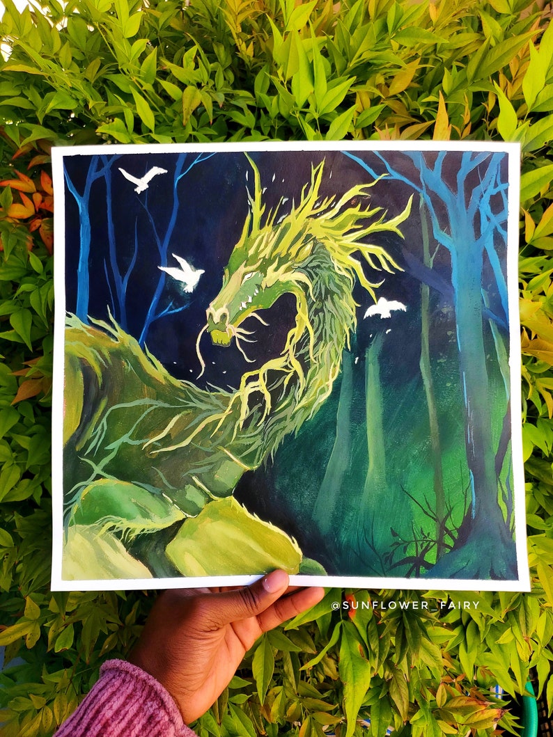 May include: A vibrant painting of a green dragon in a forest setting. The dragon has a long, serpentine body and is surrounded by trees and three white birds. The artwork is set against a dark blue background.