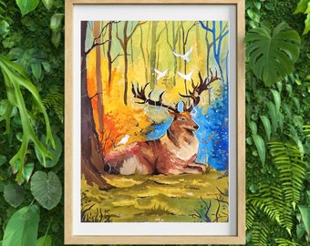 Magical deer print, gouache art, enchanted forest print, Magical elk illustration, wall art