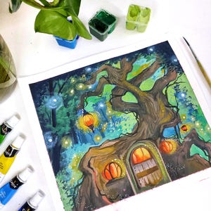 Fairy house Hand painted, original fine art, home decor, gift, wall art, gouache painting, art for your home, gouache art