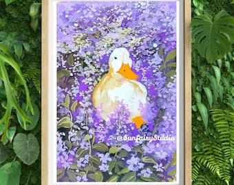 Ducks in purple flower field, adorable ducy print, gouache art prints, art for your home