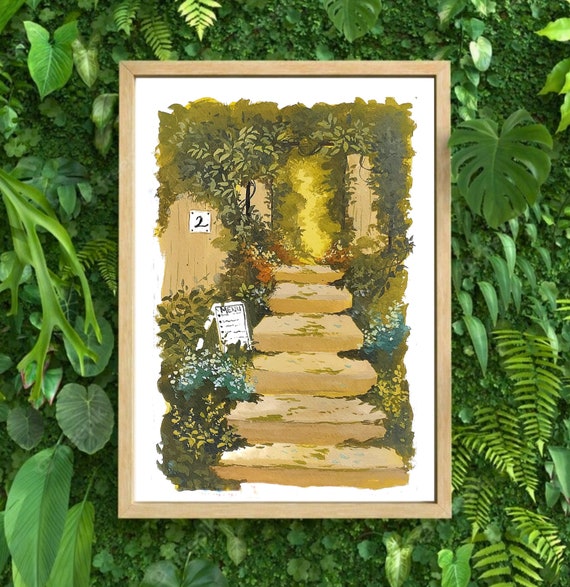 Overgrown steps goauche art print, nature print,  art print, Overgrown art, art for your home