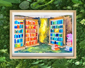 Library of imagination Gouche print,  art print, dreamy landscape, art for your home, wall art