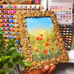 Original gouache Poppy painting, gold framed, wildflower, poppies, Original painting, gouache art, art gift, art for your home
