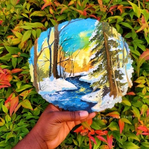 Handmade colorful Dreamy forests scene on wood, hand painted wood with varnish finish, farmhouse mantle decor