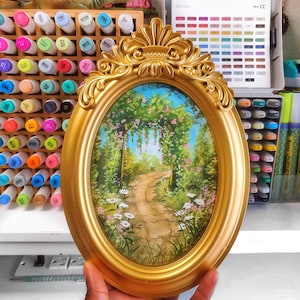 Original gouache gold oval frame, wildflower garden entrance landscape, Original painting, gouache art, art gift, art for your home