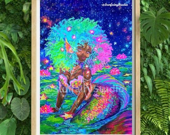 Lunelle Starlit Mermaid print of original, star art, fantasy art, Art print, dreamy art, art for your home, wall art