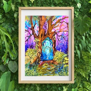 Mystic fairy forest Gouache-kunstprint, gouache-afdrukken, bosillustratie, natuurprint, kunst voor thuis, kunst aan de muur