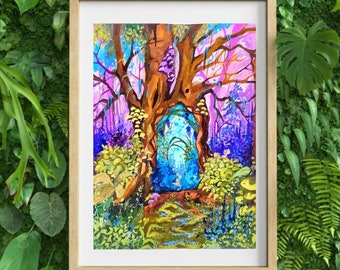 Mystic fairy forest Gouache art print, gouache prints, forest illustration, nature print, art for your home, wall art