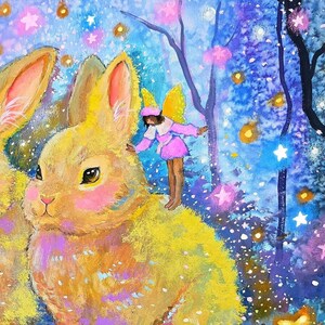 May include: A whimsical painting depicts a fairy in a pink dress and yellow wings, standing on a large yellow rabbit. The background features a blue and purple forest with stars and trees, creating a magical scene.