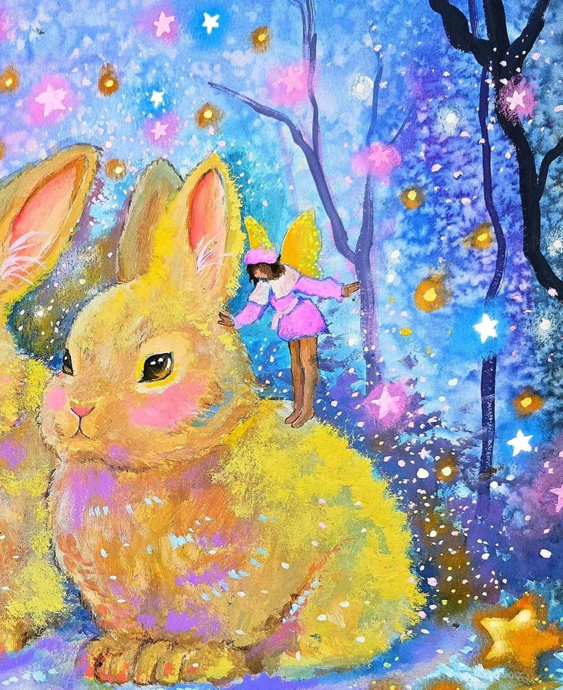 May include: A whimsical painting depicts a fairy in a pink dress and yellow wings, standing on a large yellow rabbit. The background features a blue and purple forest with stars and trees, creating a magical scene.