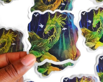 Forest Dragon holographic sticker , Fantasy art print, illustrated art print, Fantasy artwork