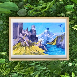 Puede incluir: Pintura de paisaje enmarcada que representa una escena de fantas&iacute;a. La obra presenta un castillo, monta&ntilde;as, un r&iacute;o y dragones voladores. La paleta de colores incluye azules, morados, amarillos y blanco. El marco es de madera clara.