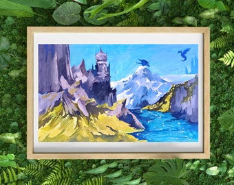 Dragon land Art print, Fantasy art print, illustrated art print, Fantasy artwork, wall art