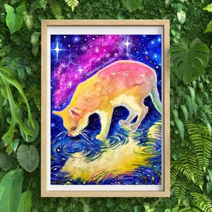 Whispers in the Water, gouache art print, enchanted kitty print, galaxy illustration, wall art