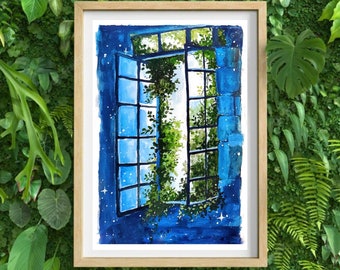 Overgrown mystical window print, nature art print, gouache paint, overgrown, asthetic, floral art prints, wall art