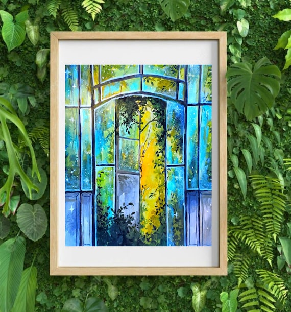 Enchanted green house entrance, goauche print, art prints, Fantasy art, wall art