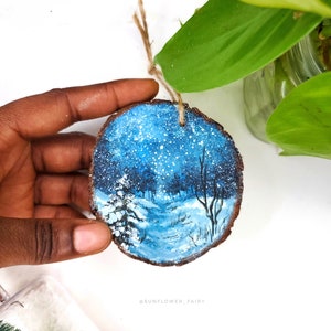 Hand painted Stary night ornament, wooden slice owl painting, Christmas ornament, wood art, tree hanging decoration, woodland decor