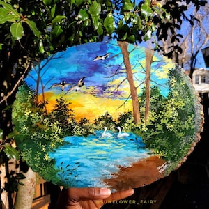 Handmade colorful forest pond scene on wood, hand painted wood with varnish finish, farmhouse mantle decor