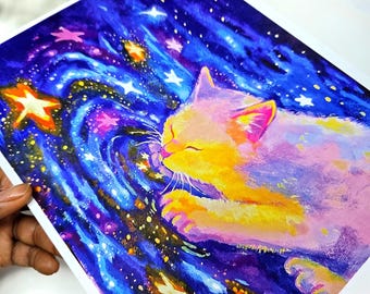 Cosmic print of original, kitty, fantasy art, Art print, cute animal art, art for your home, wall art