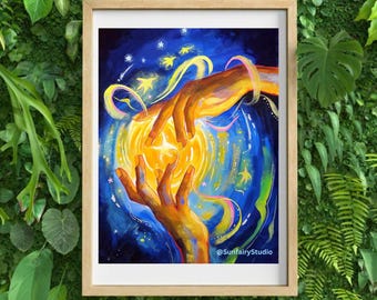 Lámina artística en gouache, arte para tu hogar, ilustración de galaxia, decoración de pared.