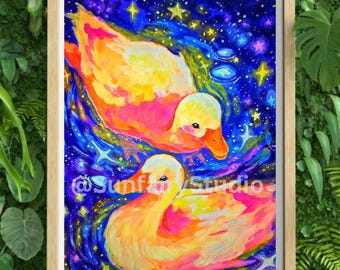 Starduck Drift print of original, duck art, fantasy art, Art print, dreamy art, art for your home, wall art