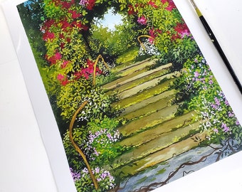 Hand painted overgrown steps, nature art, gouache painting, overgrown art, wall art, art for your home