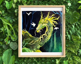 Forest Dragon Art print, Fantasy art print, illustrated art print, Fantasy artwork, wall art