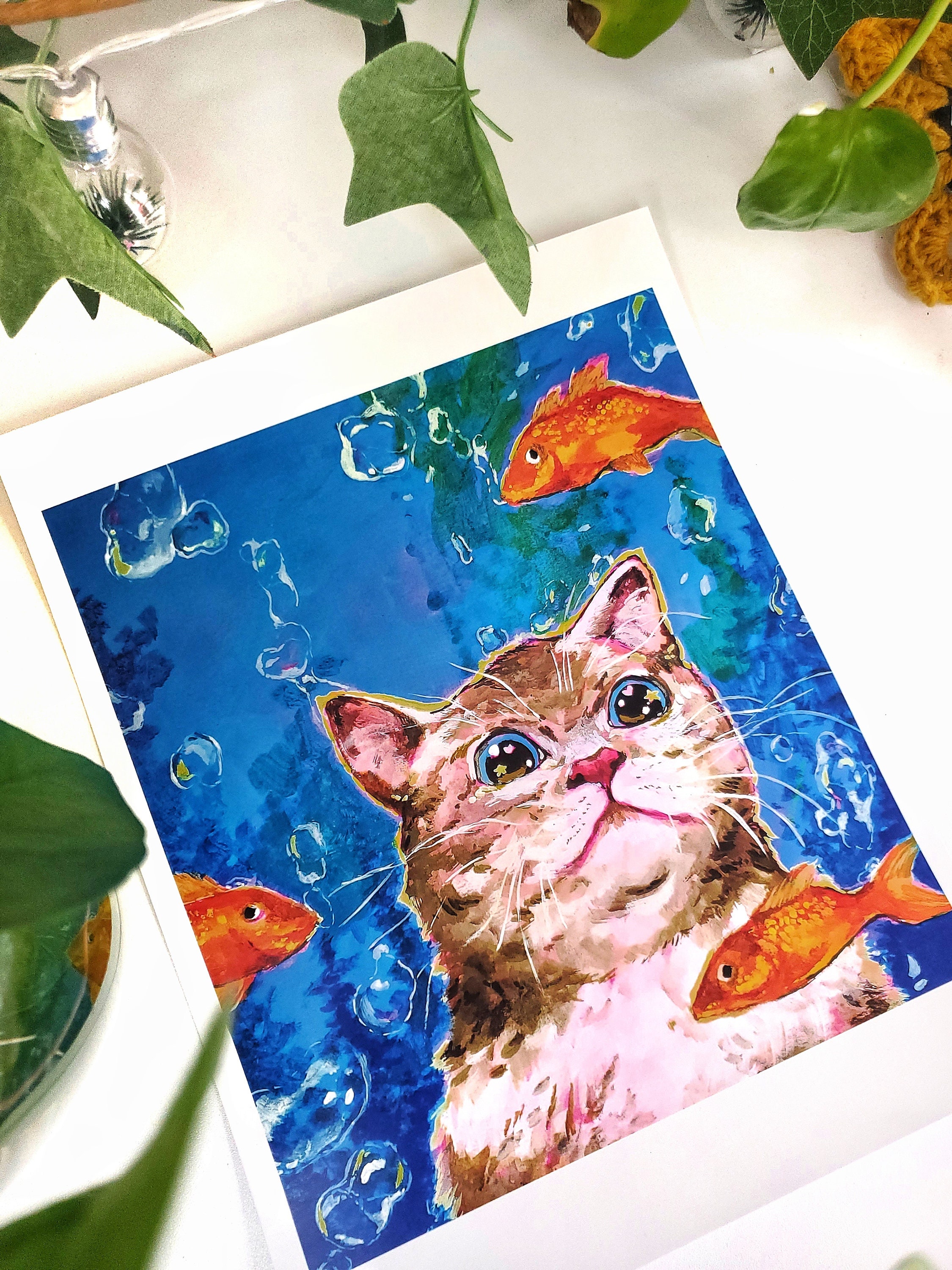 Ginger Cat Underwater Print, Gouache Art Print, Wall Art, Cat Gift