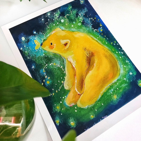 Dreamy bear print, gouache art, enchanted forest print,Magical bear illustration, wall art