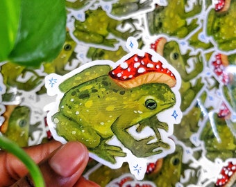Mushroom hat frog sticker, vinyl waterproof, cute frog sticker, cute sticker, laptop decal