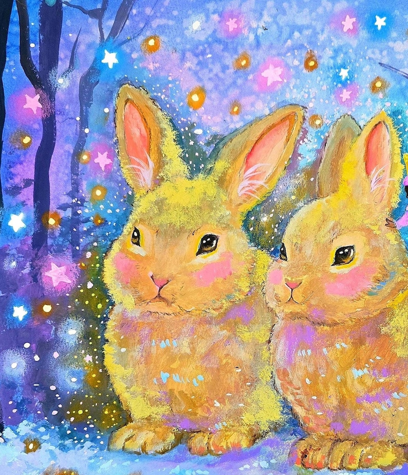 May include: A colorful painting of two yellow rabbits with pink cheeks and ears. The rabbits are set against a backdrop of a starry, purple and blue night scene with trees and snow.