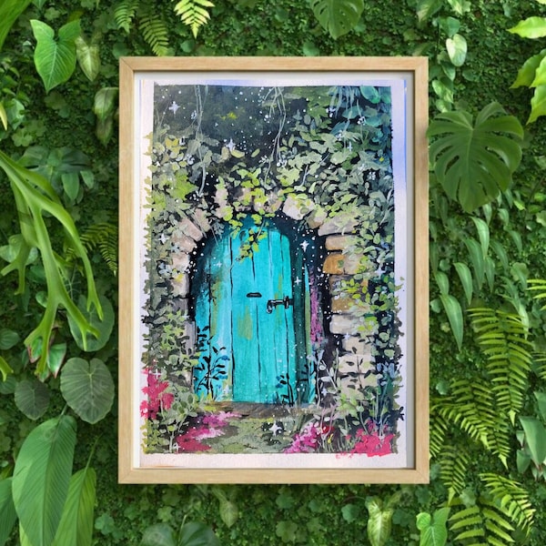 Hand painted mystical blue door Gouche print, art print, art for your home, wall art