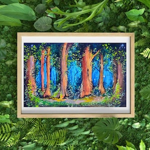 Hand painted Enchanted Forest Illustration, Woodland Decor, Forest Art, Fairy forest, gouache landscape, wall art